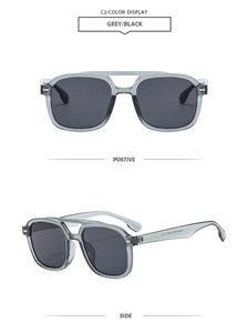 Detail view of square grey frame sunglasses with double bridge and black lenses