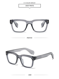 Detailed front and side views of grey translucent square frame fashion sunglasses