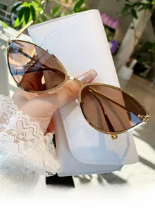 Gros plan sur les lunettes de soleil œil de chat dorées avec étui en cuir pour femmes