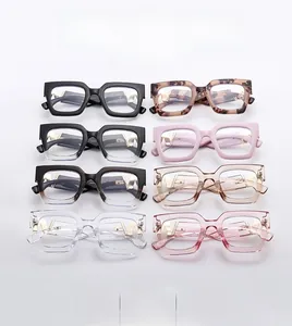 Eight colors of retro square eyeglass frames with gold geometric metal hinges