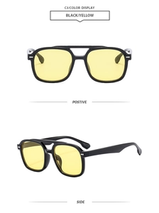Detailed front and side view of retro aviator sunglasses with black frame and yellow lenses