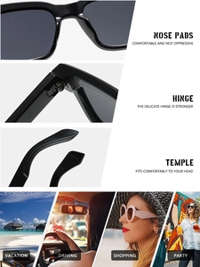 Detail of square sunglasses with integrated nose pads, metal hinges, and ergonomic temples