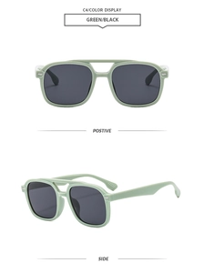 Front and side views of vintage square green sunglasses with double bridge and dark lenses