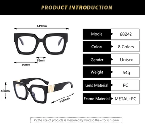 Detailed technical specifications and dimensions for these oversized square fashion glasses