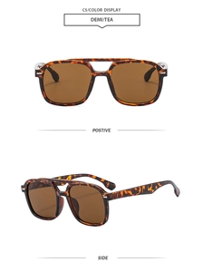 Detail view of tortoiseshell double-bridge sunglasses with tea-colored lenses from two angles