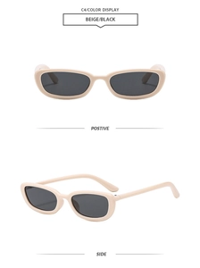 Detail view showing beige retro oval sunglasses frames with dark black lenses from two angles