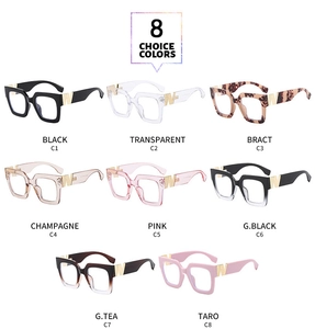 Detailed grid showing 8 colors of oversized square glasses frames with gold W accents