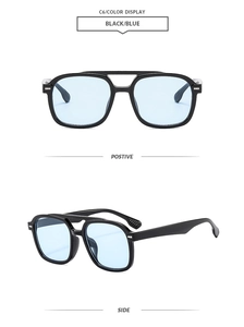 Detailed front and side view of square aviator sunglasses with black frame and blue lenses