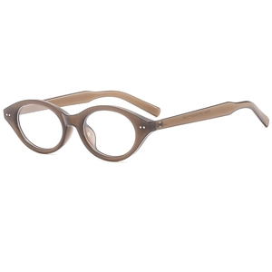 Retro oval brown translucent eyeglasses frame with anti-blue light lenses and metal accents