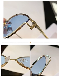 Détails de lunettes œil de chat en métal avec charnières dorées et verres bleus