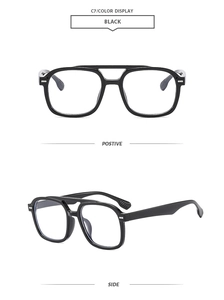 Detail view of stylish black double-bridge square sunglasses frame with side arm design