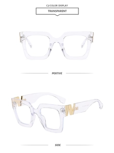 Detailed front and side view of transparent square frames with gold W-shaped metal accents