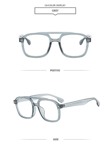 Detailed close-up of stylish square double-bridge sunglasses with transparent grey frame