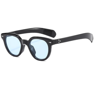 Retro oval black frame sunglasses with light blue lenses and silver arrow studs