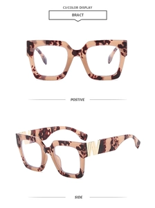 Front and side view of retro tortoiseshell glasses frame with golden W metal hinge detail