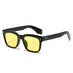 Classic retro square black sunglasses with yellow lenses and silver star rivets