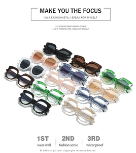 Detailed display of trendy polygon cat eye sunglasses in twelve vibrant frame colors