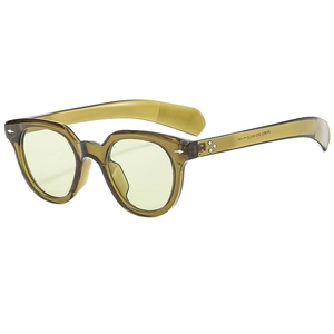 Retro oval sunglasses with olive green translucent frames and metallic rivet studs