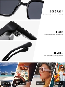 Detail of square sunglasses with reinforced hinges, nose pads, and versatile usage scenes