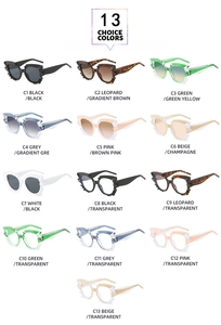 Detailed catalog of polygon cat eye sunglasses showing 13 different colors and bold frames