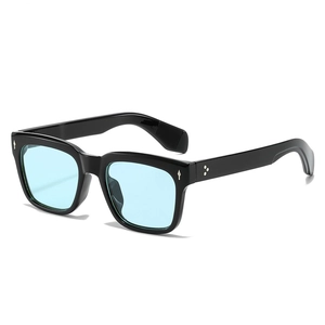 Classic square black sunglasses with light blue lenses and silver rivets on white background
