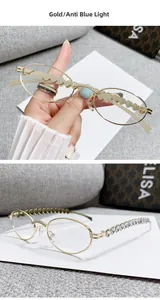 Detail of gold oval glasses with rhinestone heart pattern and anti-blue light lens