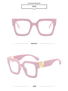 Detail view of taro purple thick frame glasses with golden decorative metal accents