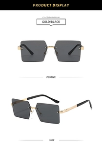 Détail des lunettes de soleil carrées sans monture avec branches dorées et verres noirs