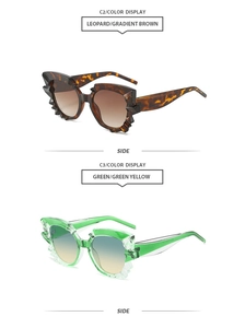 Detail view of leopard and green polygon cat eye sunglasses with gradient lenses