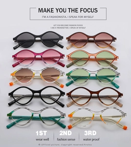 Collage of fashion rhombic sunglasses in various colors including cat-eye and geometric frames