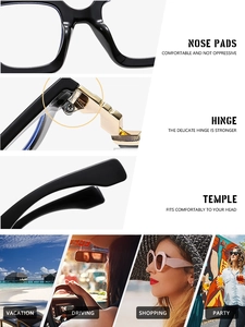 Detail of comfortable nose pads, durable metal hinges, and sleek black temple design