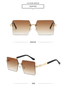 Vue détaillée des lunettes de soleil sans monture dégradé thé avec branches dorées