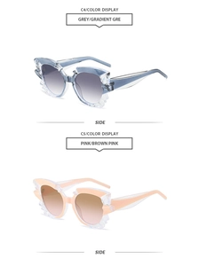 Detail of polygon cat-eye sunglasses with ice-cut crystal frames in C4 and C5 colors