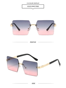 Vue détaillée de lunettes de soleil carrées dorées sans monture avec verres dégradés