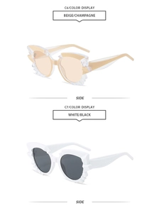 Detail view of avant-garde cat-eye sunglasses with geometric jagged frame edges