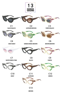 Detailed grid showcasing 13 stylish cat-eye sunglasses with various colorful frame designs