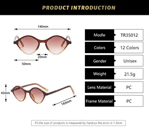 Detailed size chart for unisex geometric sunglasses showing frame and lens dimensions