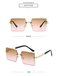 Détail des lunettes de soleil sans monture avec dégradé marron et cadre doré