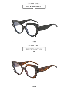 Side view of geometric cat eye frames in glossy black and leopard print textures