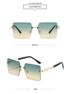 Détails de lunettes de soleil carrées sans monture avec monture dorée et verres dégradés