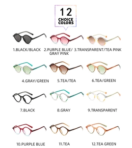 Matrix display of twelve colorful geometric sunglasses with slim metal temples