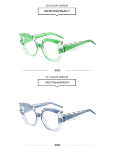 Detail view of cat eye sunglasses frames in translucent green and gray blue colors