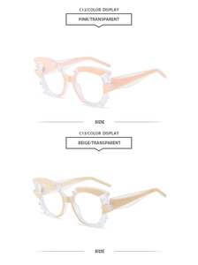 Side view of trendy polygon cat eye sunglasses frames in transparent pink and beige colors