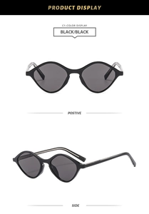Detailed front and side views of fashionable black geometric rhombus frame sunglasses