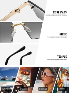 Vues détaillées des lunettes de soleil sans monture avec plaquettes et charnières en métal