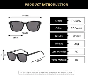 Detailed dimension chart showing frame width and lens height for square jelly sunglasses