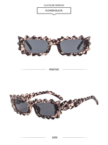 Detailed views of wavy irregular tortoiseshell sunglasses with dark lenses and sharp edges