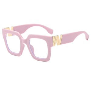 Fashionable thick square frame pink glasses with golden W letter detail in 45-degree view