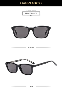 Front and side views of black square jelly sunglasses showing frame structure and lens quality