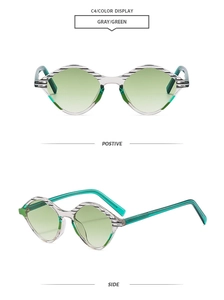 Detail view of rhombic gray frame sunglasses with gradient green lenses from two angles